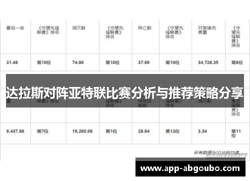 达拉斯对阵亚特联比赛分析与推荐策略分享